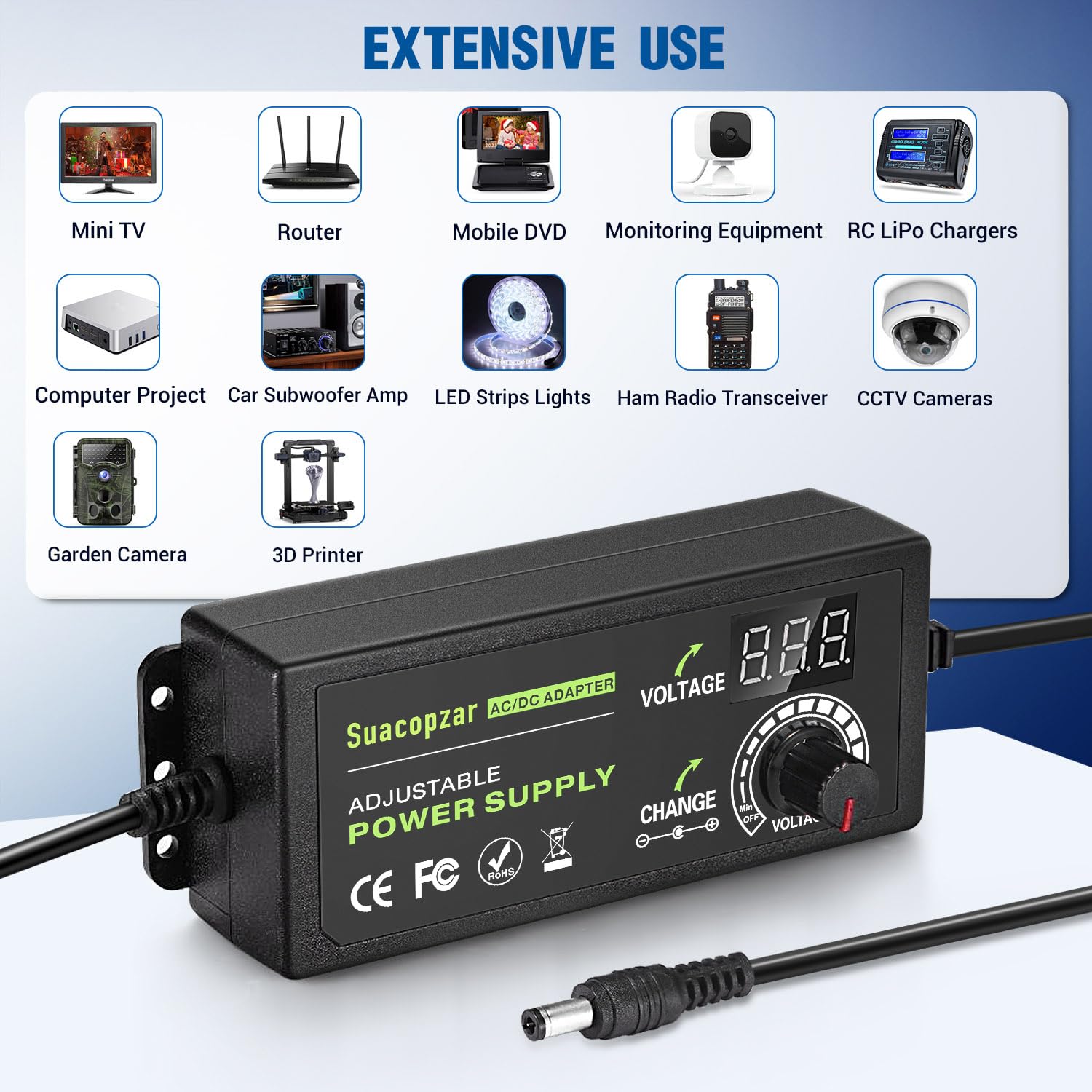 Fuente de alimentación ajustable de 60 W CC 3 V ~ 12 V 5 A, adaptador CA/CC de conmutación universal variable con pantalla LED, convertidor de CA a CC de 100 V-240 V con 5,5 x 2,1 mm y 5,5 x 2,5 mm,