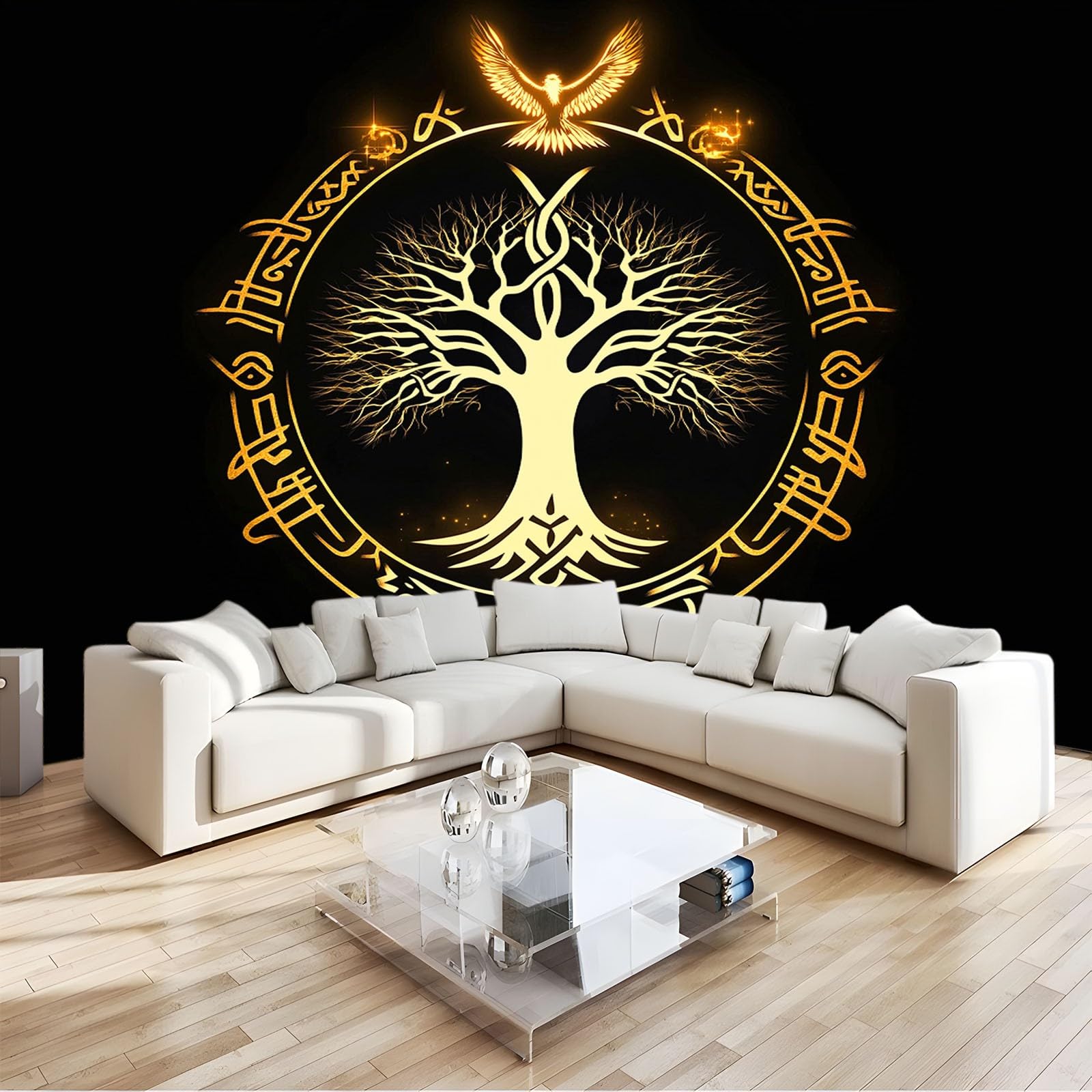Papier peint panoramique 3D arbre de vie doré grand format pour décoration murale