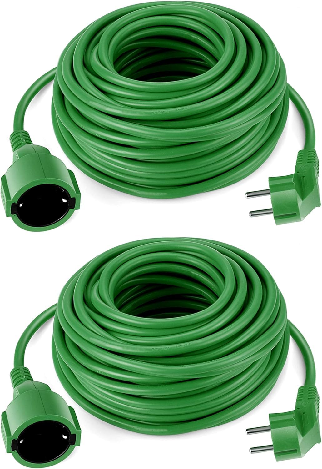 2 cables alargador Schuko de 30 metros, color verde, cable de alimentación hasta 3500 W, para jardín, de alta calidad y práctico para exteriores