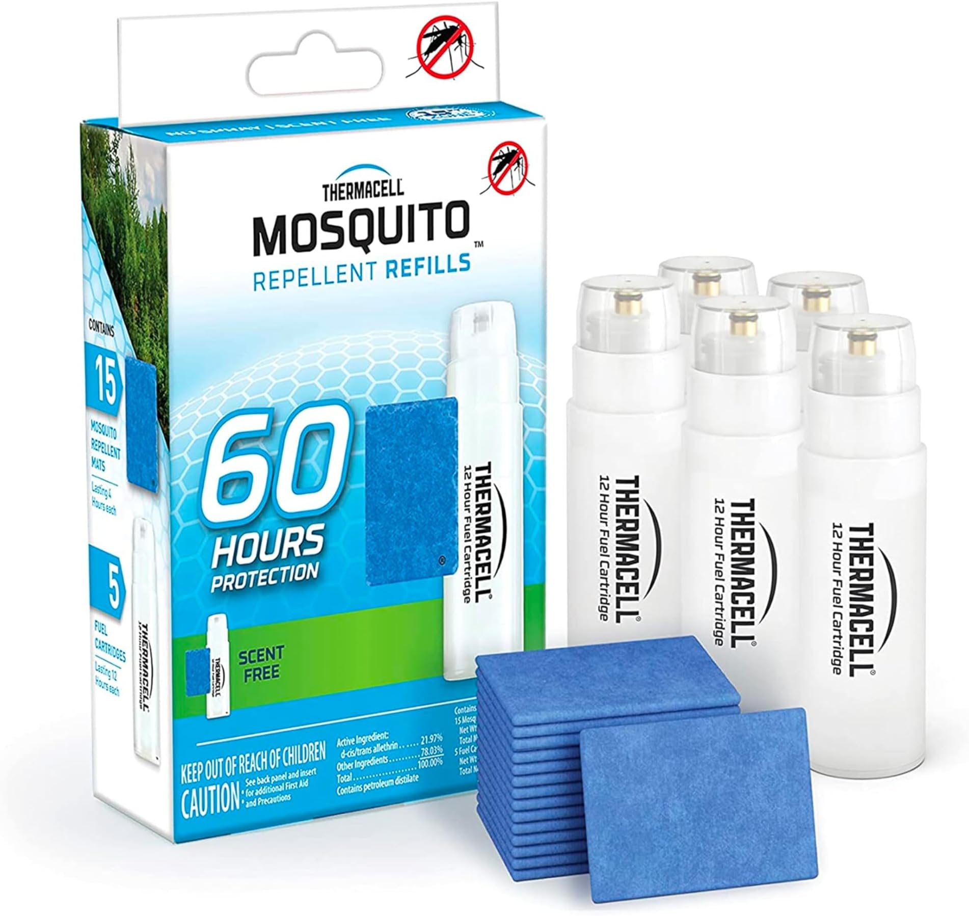 Thermacell Mosquito Repellent Refills, 60-Hour Pack; Contains 15 Repellent Mats, 5 Fuel Cartridges; Compatible with Any Fuel-Powered Thermacell Product; No Spray, Scent, Mess