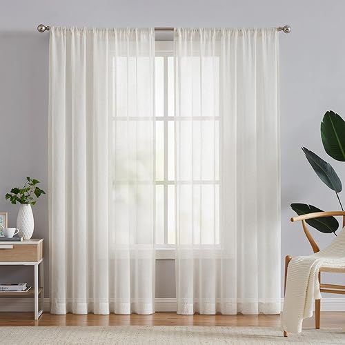 FMFUNCTEX Cortinas traslúcidas de lino para dormitorio, cortinas beige de 72 pulgadas de largo para sala de estar, cortinas de ventana de mezcla de