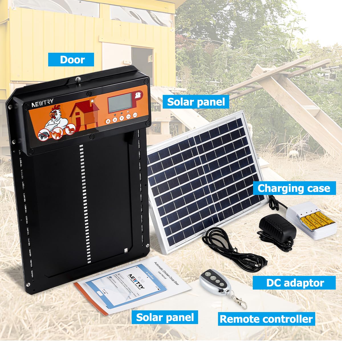 NEWTRY Porte automatique pour poulailler avec panneau solaire 10w et câble étendu, minuterie et capteur de lumière programmables, anti-pincement, indicateur de bande lumineuse plus télécommande 40m