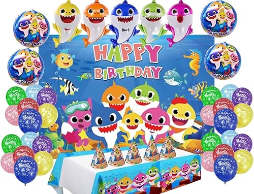 TUHI Products Decoración completa de fiesta de cumpleaños de tiburón con telón de fondo, mesa, globos de aluminio, globos de látex y tapas de papel