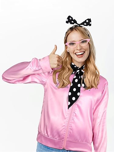 Miniatura 5 de AOTHSO Chaqueta de satén rosa de los años 50 con diadema, bufandas, aretes, gafas para mujeres, 8 piezas, conjunto de disfraz de Halloween para