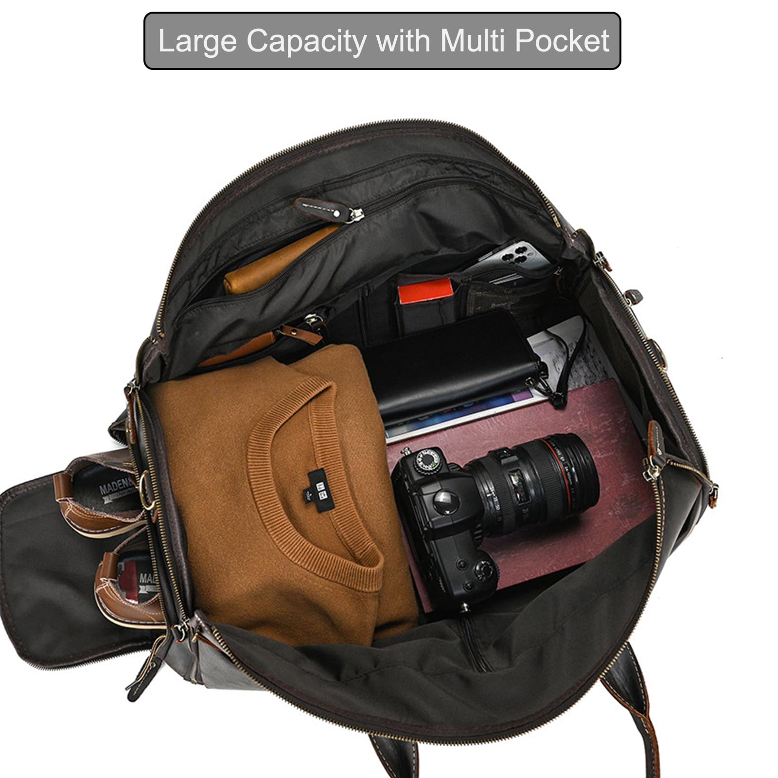 LUUFAN Echtes Leder Garment Bag Großes Fassungsvermögen Reisetasche Business Suit Carrier Bag mit Schuhfach, Männer Frauen Duffel Taschen für Overnight Gym Sports Weekend, Schwarz