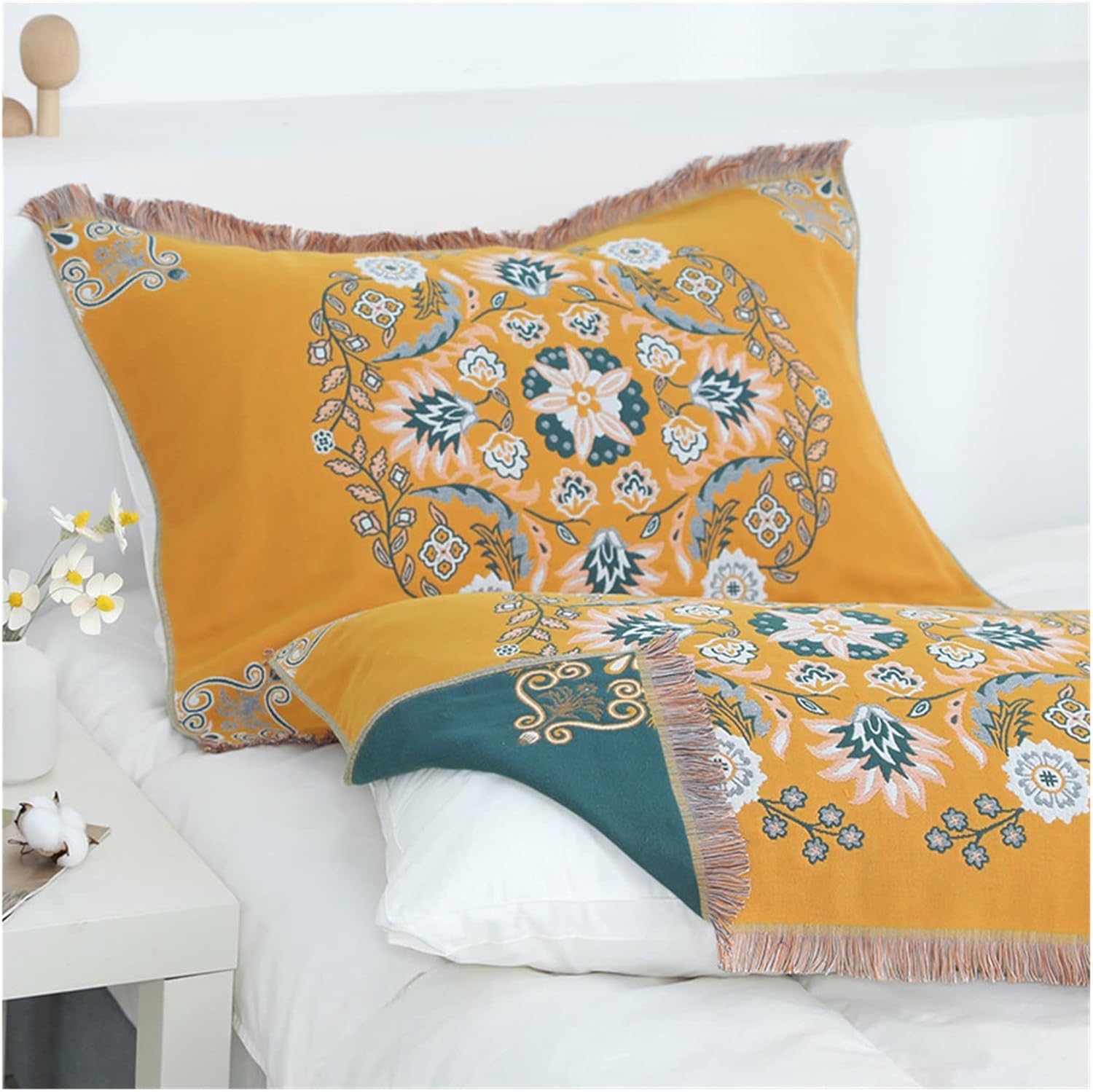 Flower Tassel Pillow Towels Cover Gauze Cotton for Children Adults Beds Yarn-Dyed