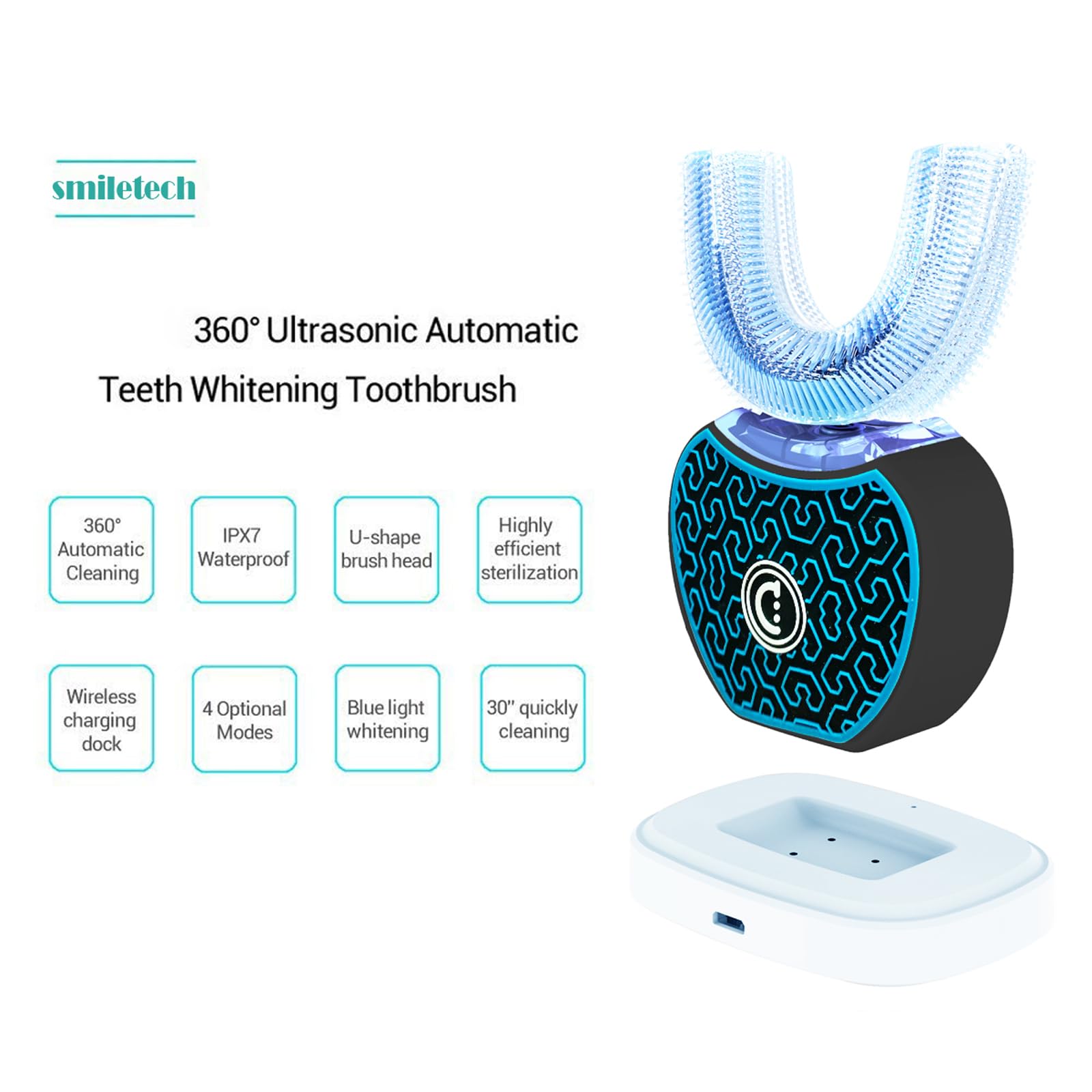 Cepillo de dientes automático, kit de blanqueamiento de dientes eléctrico de grado dental, equipado con dos cabezales de cepillo de dientes de repuesto, blanco