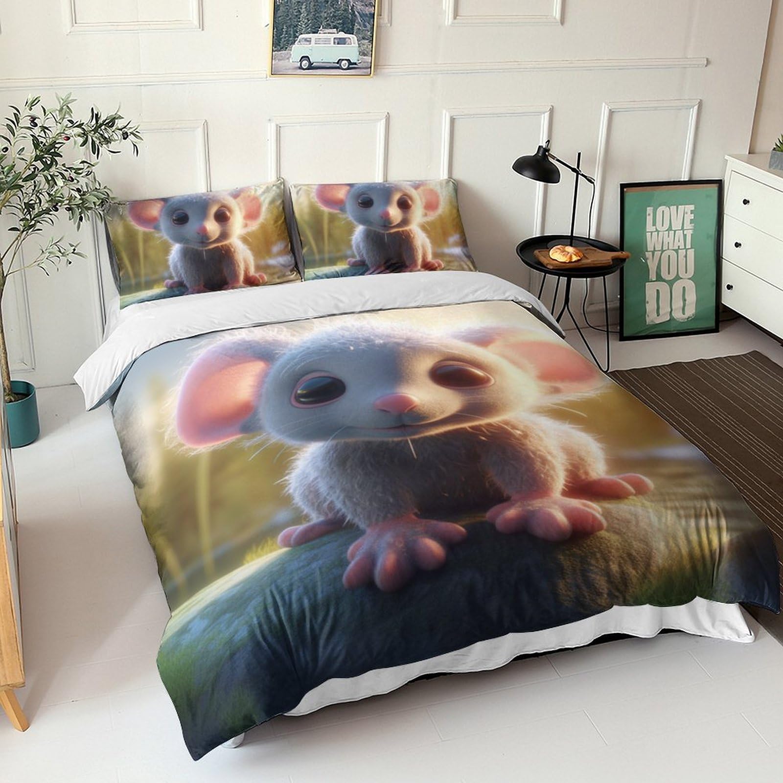 Housse de couette King 220x240cm avec 2 taies motif souris sur rocher parure de lit 3 pièces
