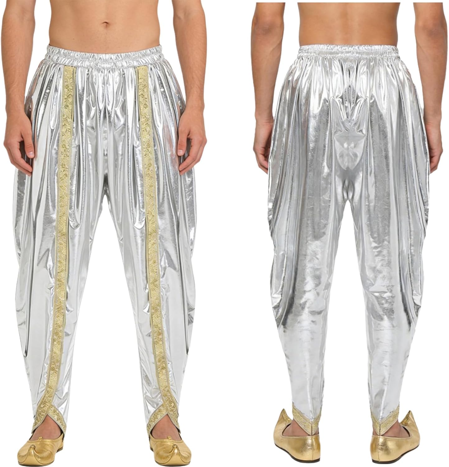 iiniim Mens Arab Baggy Trousers Indian Harem Pants Gold Brocade Trim Shiny Palazzo Pants Costume