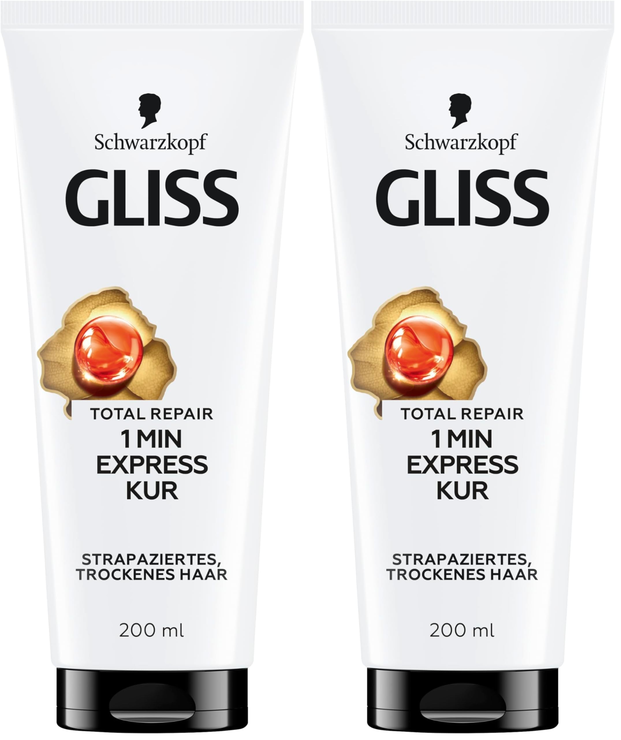 Gliss 1-Minute Intensivkur Total Repair (200 ml), Haarkur mit flüssigem Keratin für trockenes und strapaziertes Haar, schon nach 1 Minute wirksam (Packung mit 2)