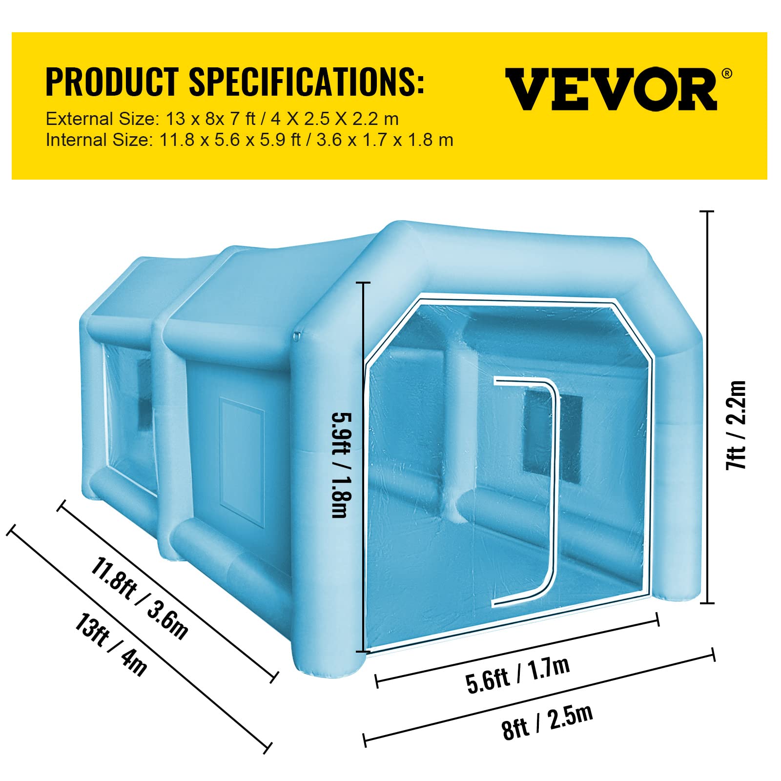 VEVOR Aufblasbares Spritzkabinenzelt 750W 350W 210D Oxford-Gewebe 4x2,5x2,2m Blau