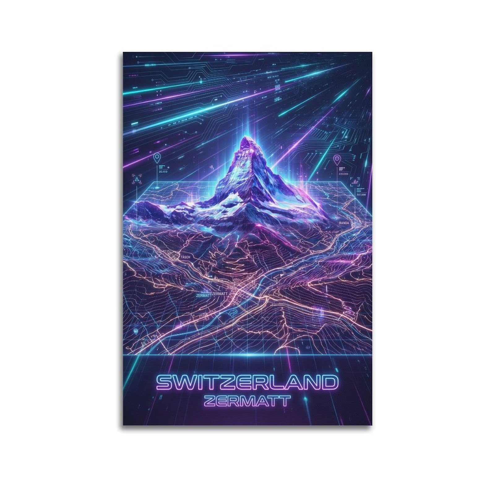 XKUGA Matterhorn 80s Neon City Gamer Room Poster Modern Decorative Canvas Prints - Ideal Wall Art for Family, Man Cave, Game Room, Boys & Girls Bedroom 24x36inch(60x90cm)