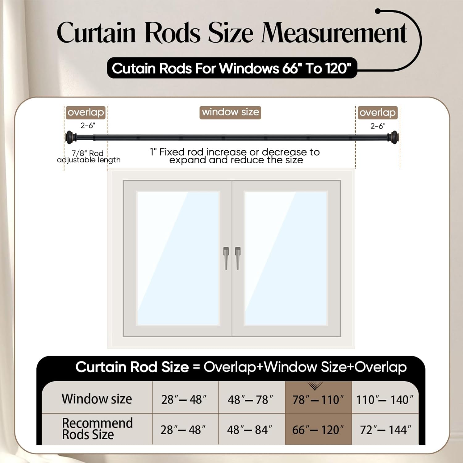 SIMEWIN Heavy Duty Curtain Rods for Windows 66 to 120 Inches, Black Curtain Rods for Bedroom, Living Room, Patio, Adjustable with Classic Finials, Black with Gold Finishing