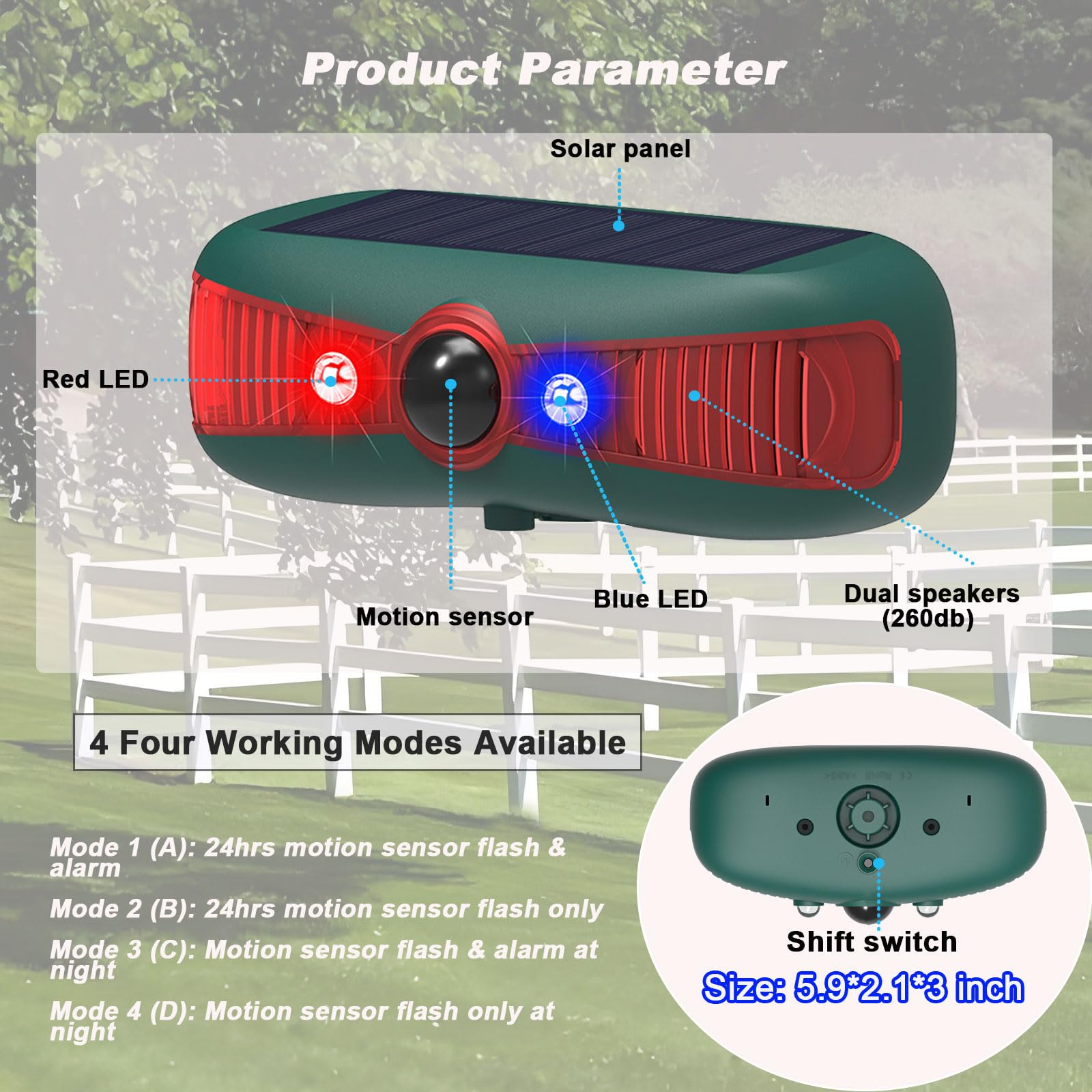 Alarma solar con sensor de movimiento para exteriores, 129 db, doble altavoz, fabricante de ruido fuerte, 13 sonidos duales, luz estroboscópica solar para el hogar y la granja