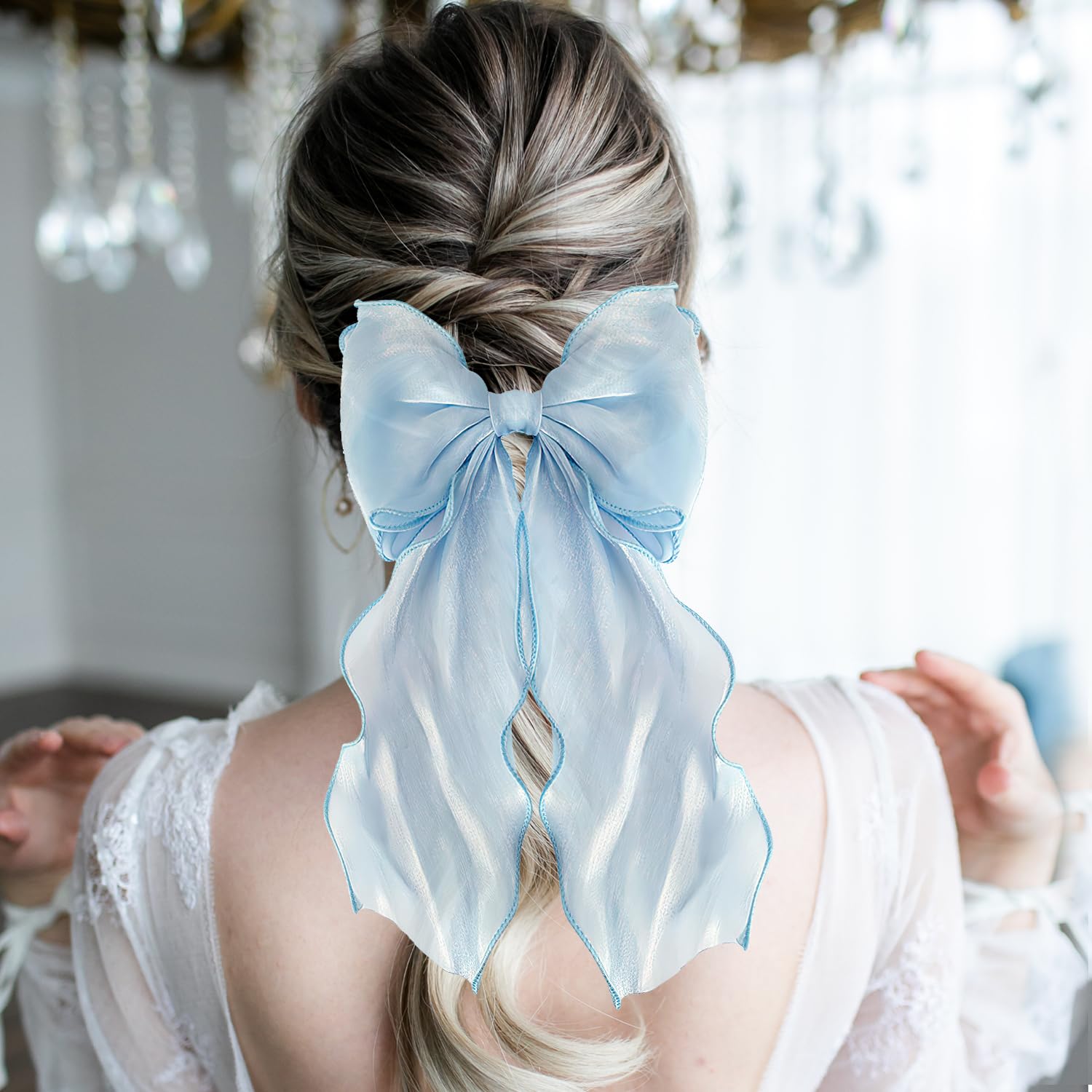 Blue Hair Bow, Oversized Bow Hair Clip for Women Long Tail Ribbons with Metal Spring Clip - Image 4