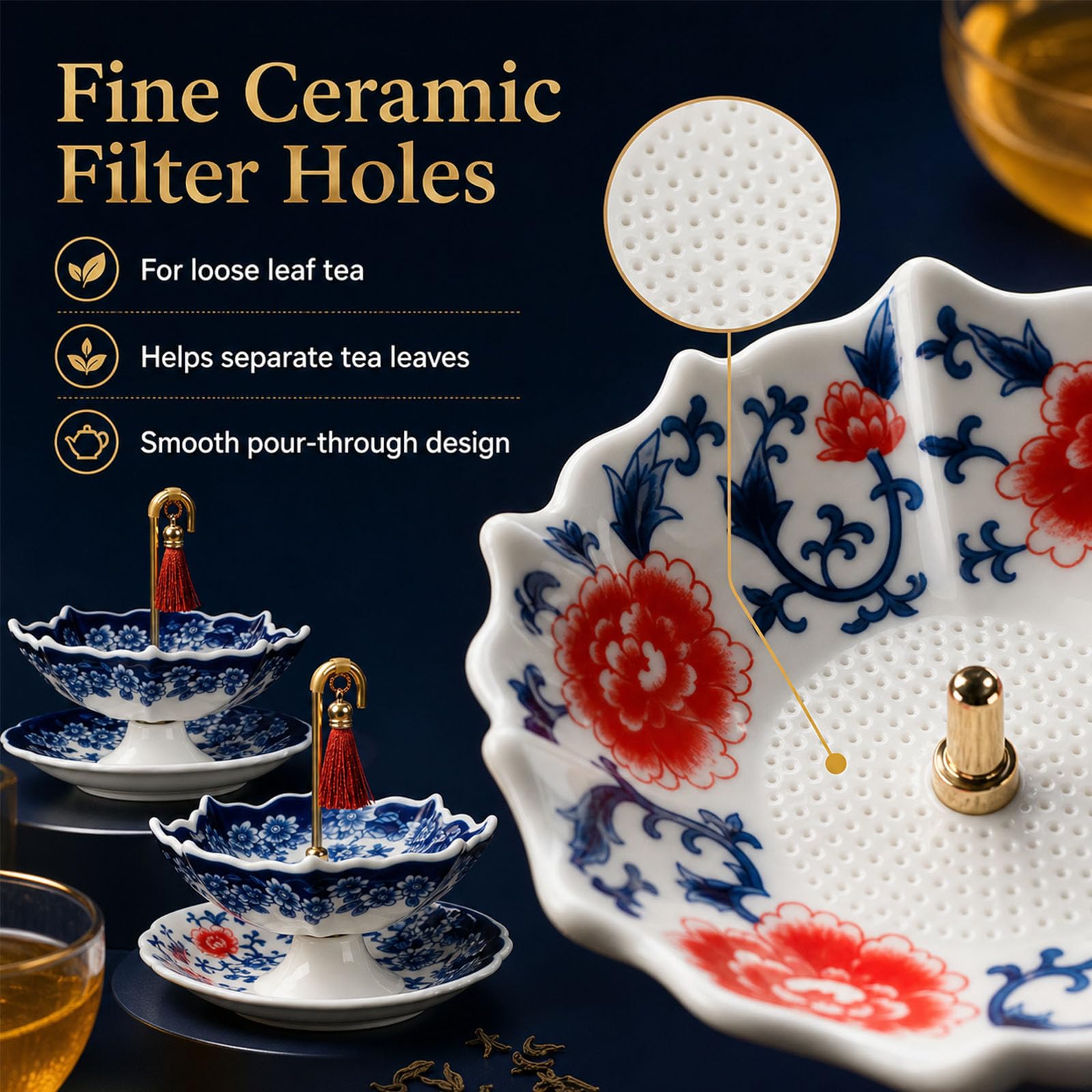 Colador de té de cerámica, infusor de té de paraguas para té de hojas sueltas, filtro de té de porcelana, bonito accesorio de té para la hora del té en casa y mesas de regalo (2 unidades-A)