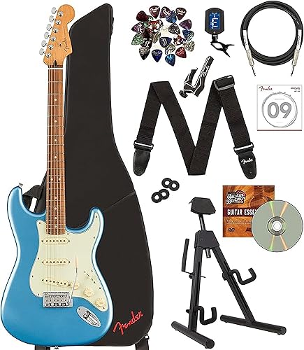 Fender Player Plus Stratocaster - Paquete de chispa de ópalo con bolsa de concierto soporte cable de instrumento afinador cejilla cuerdas correa