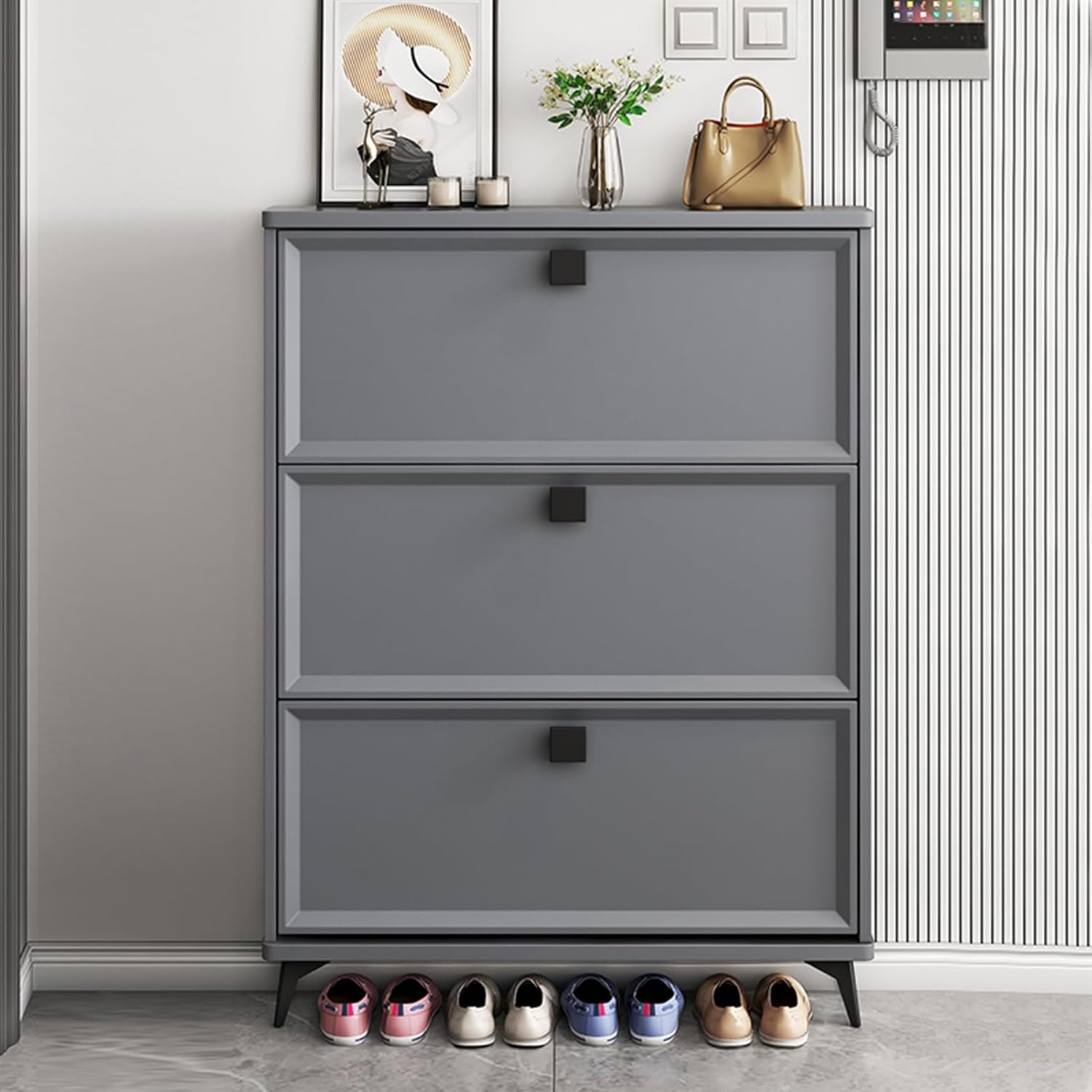 Shoe Storage Cabinet Cabinets Hallway Slim Cupboard Cupboards Hallways Slimline，Slim Shoe Storage Rack with 3 Flip Drawers & Adjustable Shelves, Holds 30-40 Pairs, Compact Shoe Cabinet for H