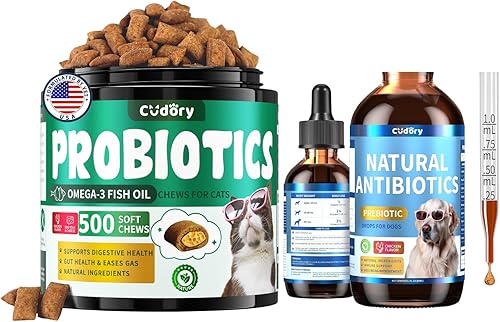Apoyo digestivo e intestinal para gatos y perros - Probióticos masticables suaves para gatos + suplemento de antibióticos de hierbas para perros,