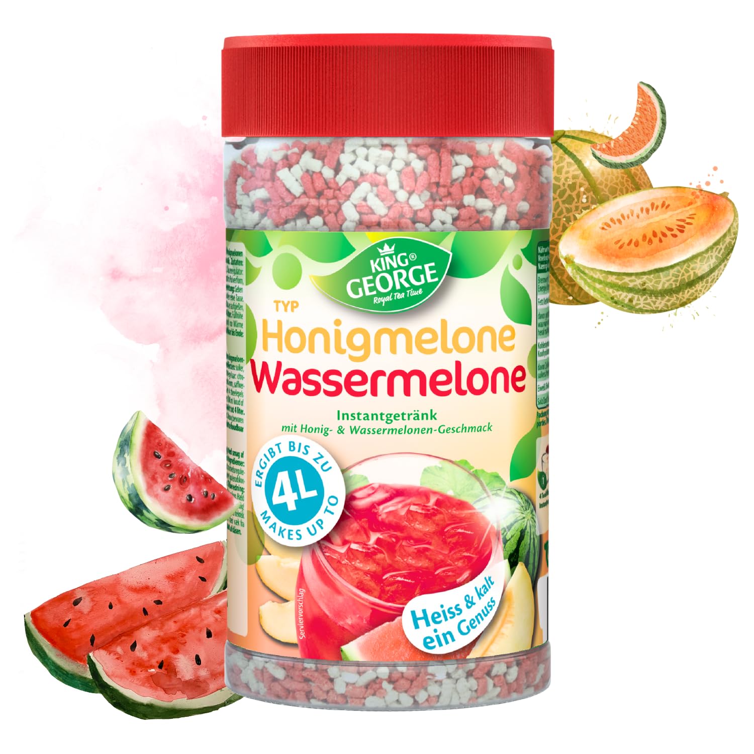 KING GEORGE Bebida instantánea de té de melón, sandía, 6 x 400 g, bebida instantánea, caliente y fría un placer, paquete de almacenamiento de té de migas, bebida para verano, cumpleaños, fiesta