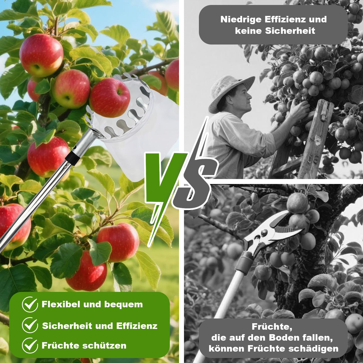 4.2M Obstpflücker mit Teleskopstiel, Apfelpflücker, Kirschenpflücker für Kirschen, Pflaumenpflücker mit 2 Baumwollbeutel Diameter 16 cm, Obstpflücker für Ernteernte Apfel Zitrus Birnen