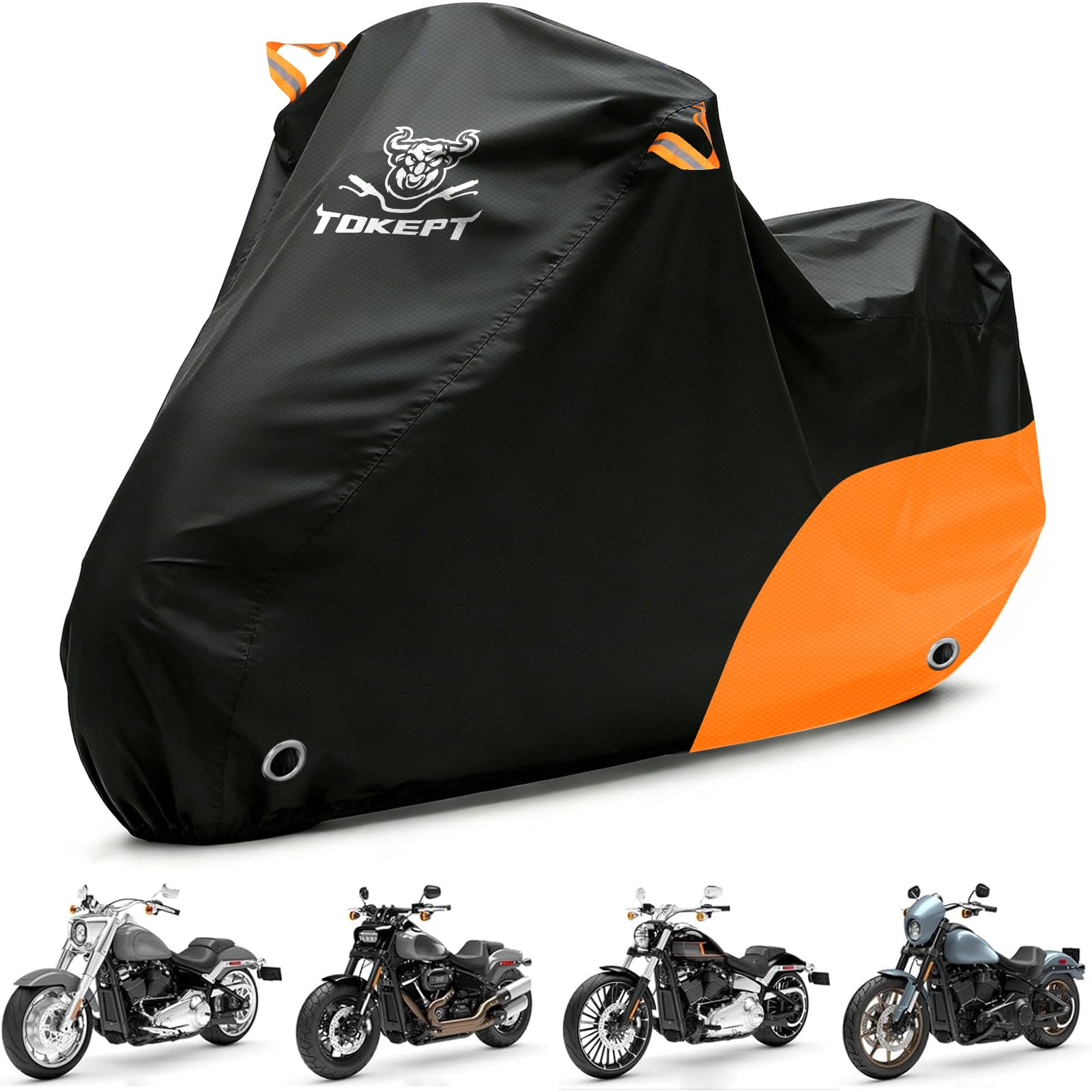 Motorcycle Cover Waterproof All Season Outdoor Protection | Fits up to 96 Inch, Compatible with Sport Bikes &amp; Cruisers with Locking Holes &amp; Reflective Strips (Black&amp;Orange)