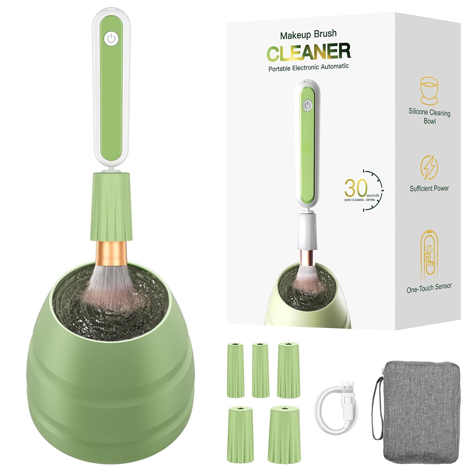 Electric Makeup Brush Cleaner Machine -15000RPM Fast Deep Cleaning and Dry Make Up Brushes Efficient Cleaning with Storage Cas, Portable Spinning Washer, Gift for Women-Green