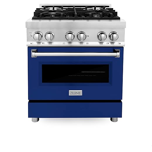 ZLINE 30 in. 4.0 cu. ft. Legacy Dual Fuel Range with 4 Burner Gas Cooktop and Electric Convection Oven in Stainless Steel and Blue Gloss Door (RA-BG-30)