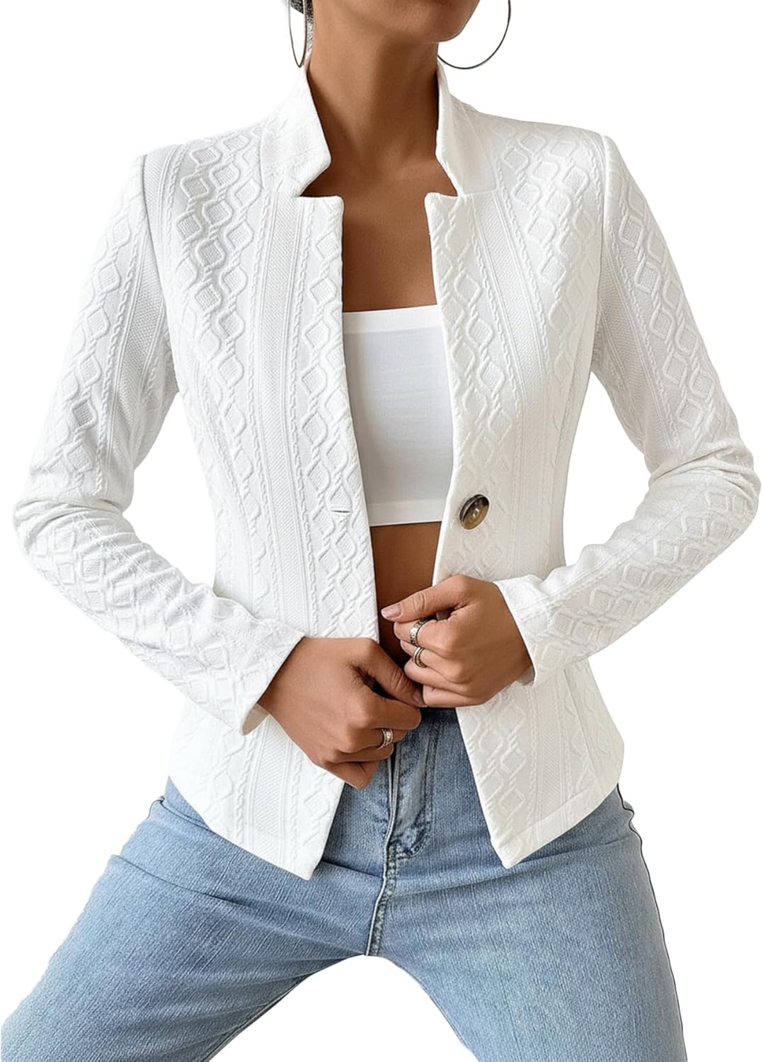 Mina Self 2026 Spring Women's Jacquard Sweater Blazer Jacket - Knit Slim Stand Collar V-Neck Full-Lined Petite Work Coat - Image 5