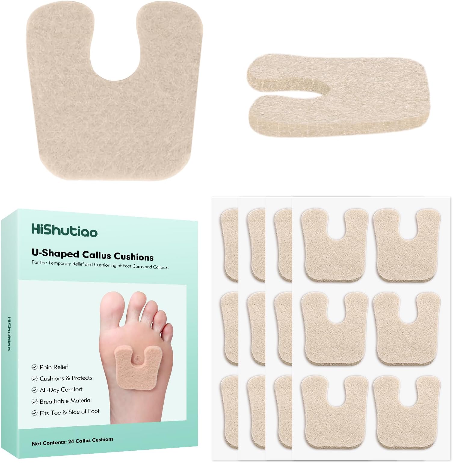 24 Pcs U-Shaped Felt Callus Pads with Storage Box – Soft Breathable Corn Cushions to Protect Calluses from Rubbing on Shoes – Upgraded Thicker Horseshoe Pads for Foot Pain Relief & Blister Prevention