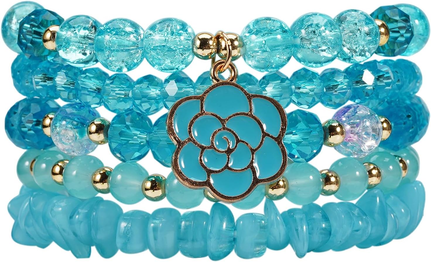 5Pcs Bohemian Flower Stackable Bead Bracelets for Women Multilayer Crystal Glass Beaded Charm Bangles Bracelet Boho Summer Beach Hawaii Holiday Statement Jewelry