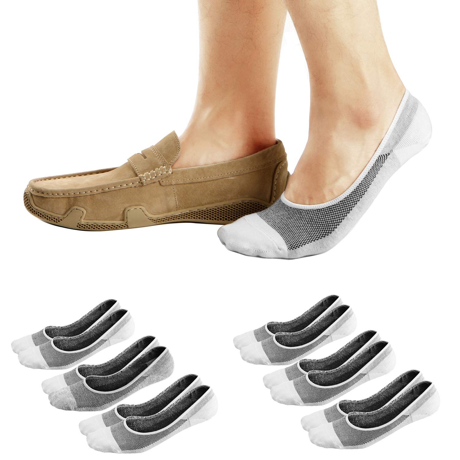 Ueither Men's White (6 Pairs) No Show Socks Invisible Liner Loafers Sneakers Socks Non Slip (, 9.5-13.5)