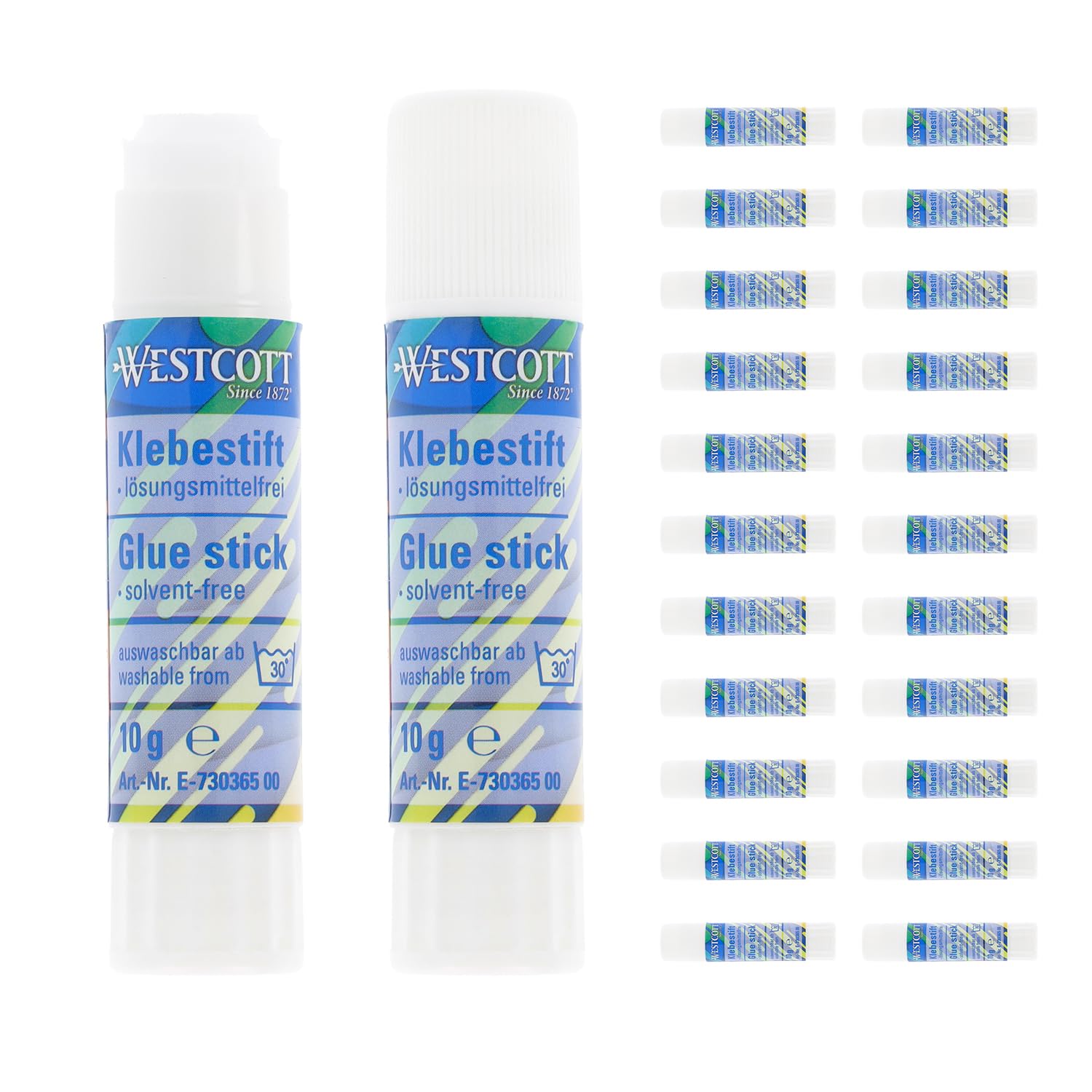 Westcott E-730365 00 - Barra de pegamento de 10 g (24 unidades), paquete de 24 unidades con tiras adhesivas transparentes de 1,5 cm, se adhiere fuerte y duradero, 100% sin disolventes, lavable al 30