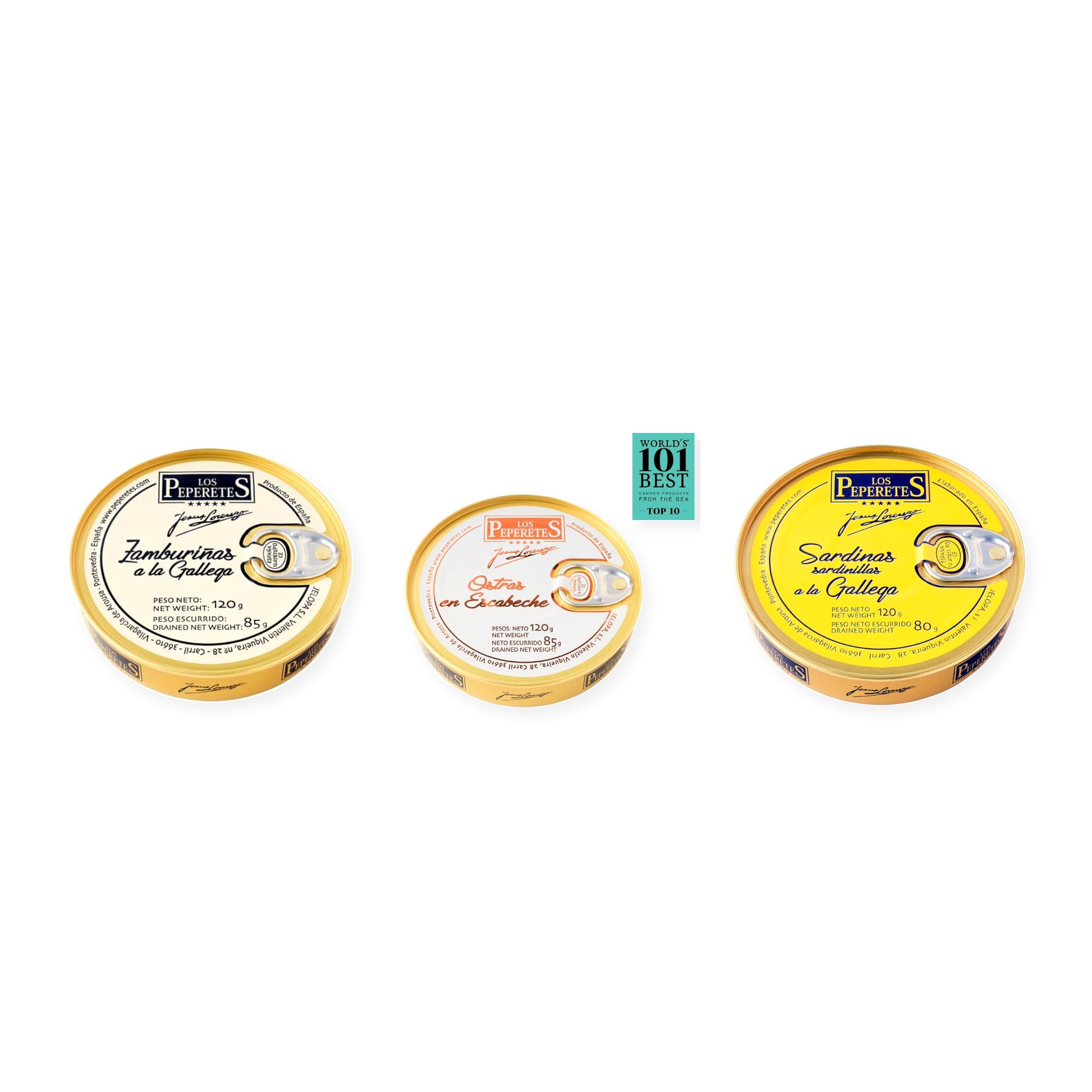 los peperetes conservas Zamburiñas Gallega, Ostras Escabeche y Sardinillas Gallega pack 3 latas