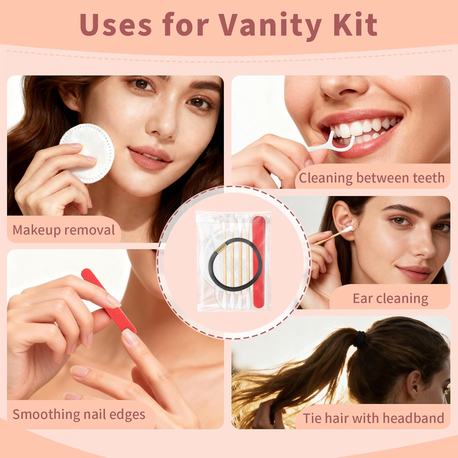 Bulk Hotel Vanity Kit Individually Wrapped Vanity Kit Travel,Hotel Hospitality Supplies,Hygiene Products Include Disposable Cotton Pads,Cotton Swabs,Hair Tie,Nail File,Dental Floss（100）