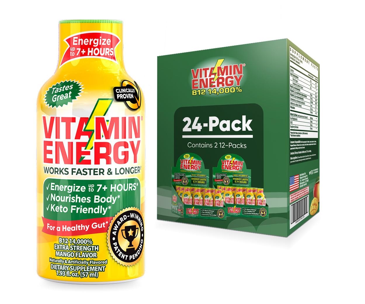 Vitamin Energy B12 Energy Shots | Natural Healthy Energy & Focus Drink | Sugar-Free Carb-Free Supplement | Vitamins B6, B12 | Energize up to 7+ Hrs | Mango - 1.93 fl oz (Pack of 24)
