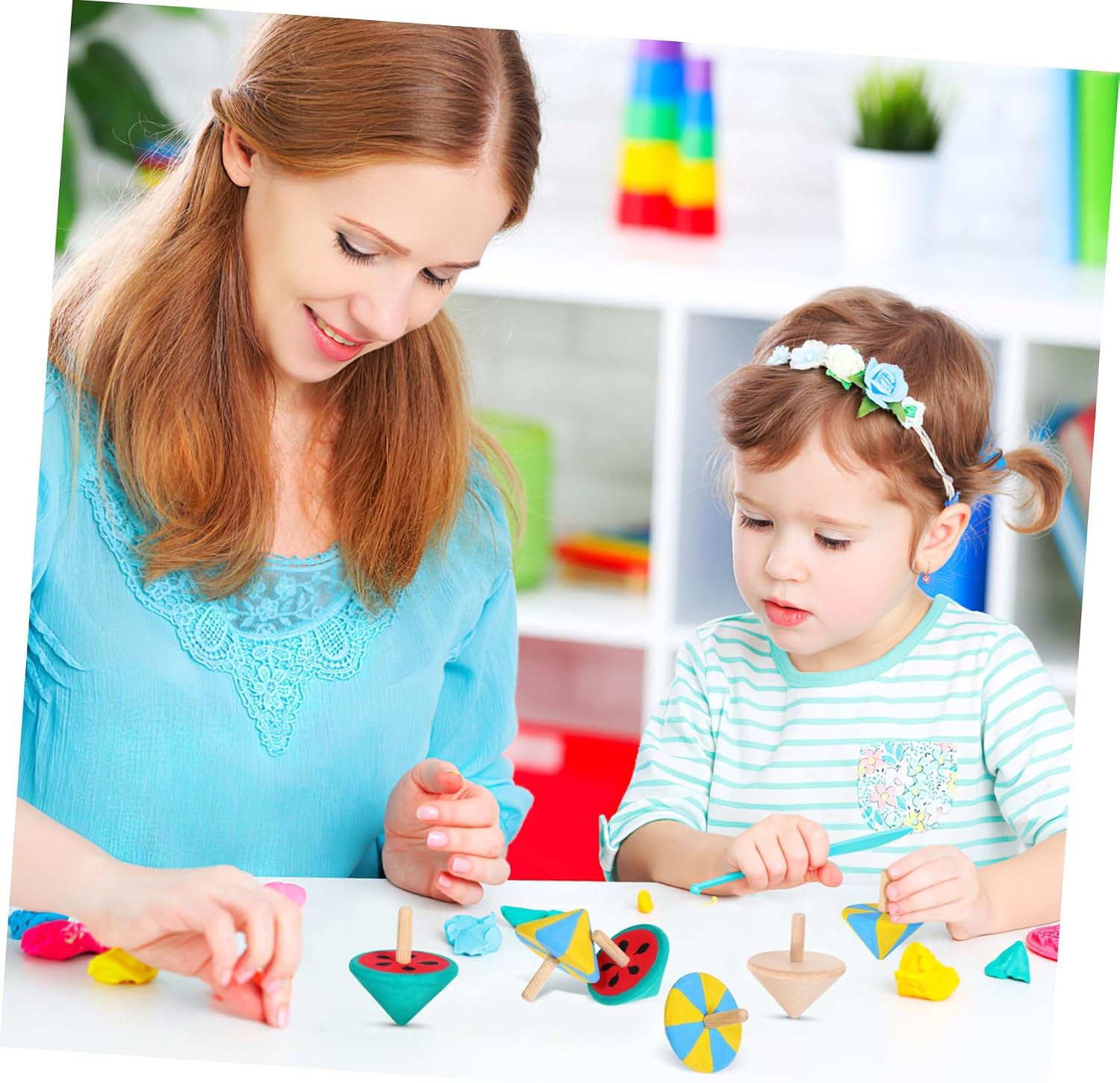 Gatuida Wooden Spinning Toy Set 12Pcs DIY Paintable Spin Top for Kids 2.16X1.77 Inches Creative Hand Coordination Play