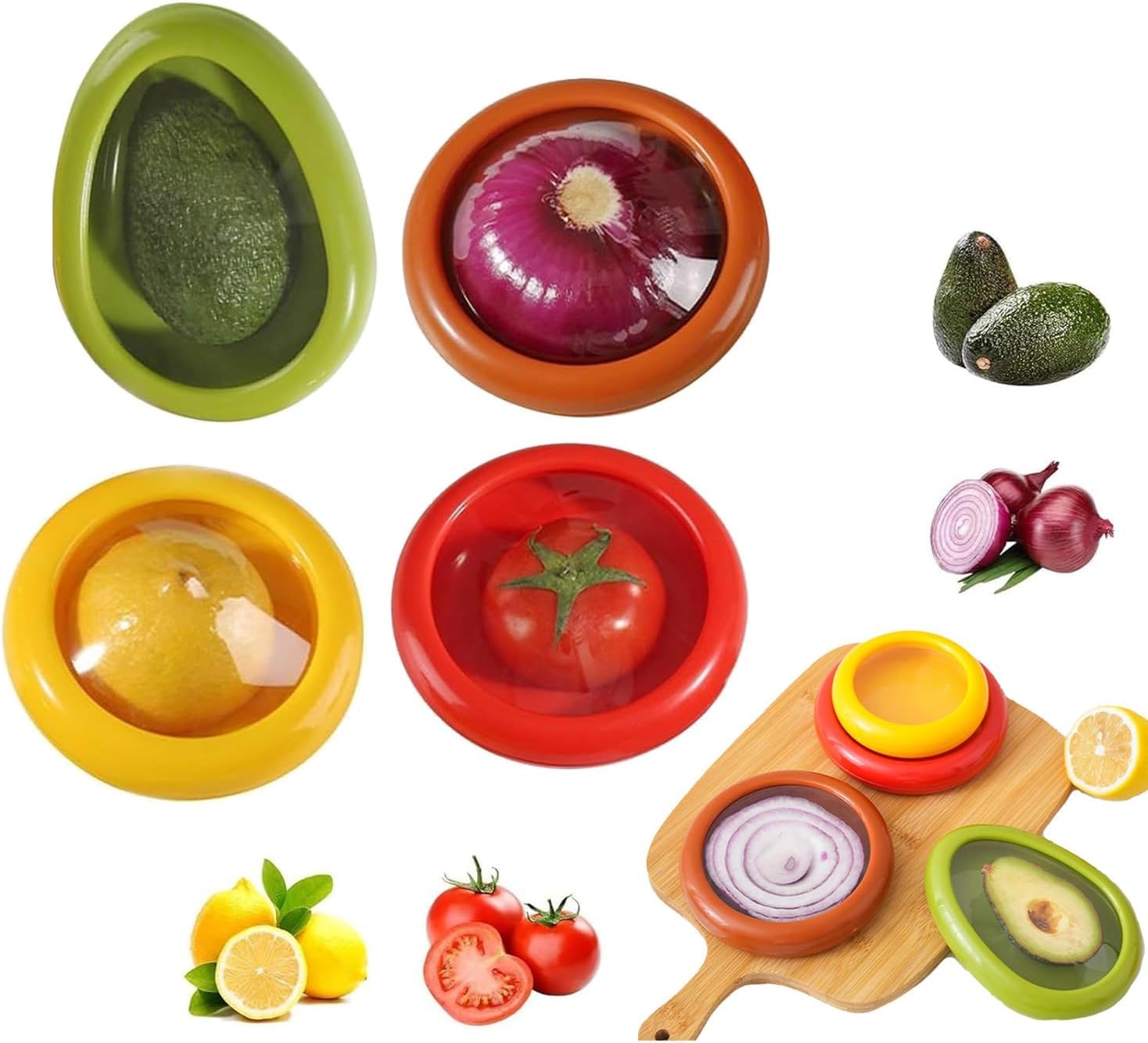 Goodern 4 Pcs Silicone Fruit Storage Box, Fruit and Vegetable Anti-Oxidation Storage Box, Silicone Fruit Storage Containers For Fridge, BPA Free & Reusable, Food Saver for Avocado Tomato Onion Lemon