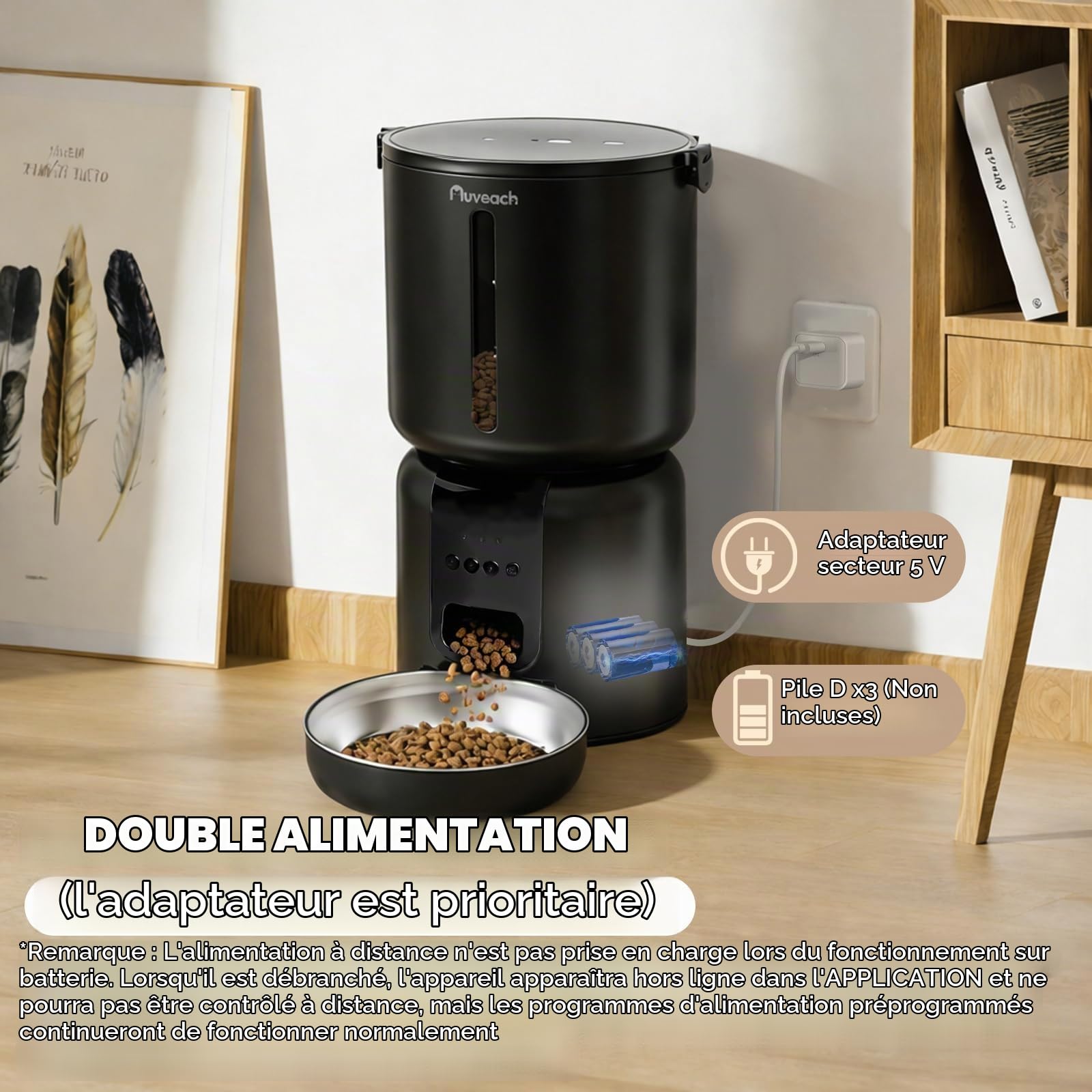 Distributeur Croquettes Chat Automatique et Fontaine Set - 4L WiFi 2,4G Gamelle Automatique Programmable 1-10 Repas/Jour, Enregistrement Vocal 10S, 2.2L Fontaine à Eau pour Chats (Noir)