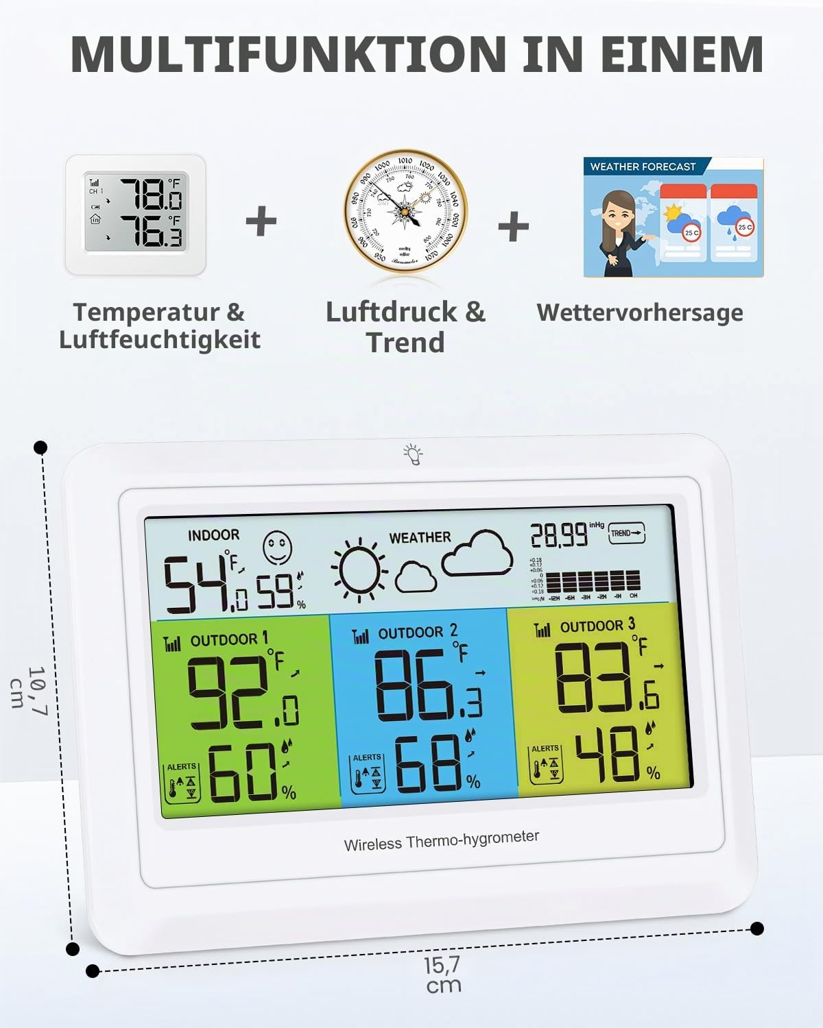 Wetterstation Kabellos Innen Außen mit 3 Sensoren, Home Wetterstationen Digital Thermometer Luftfeuchtigkeit mit Alarm, Barometer Druck, Hintergrundbeleuchtung, Vorhersagestation, für Home