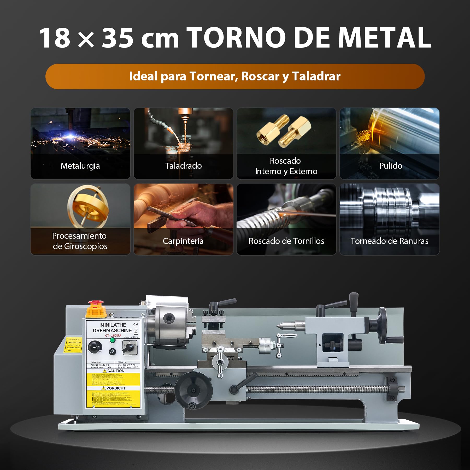 CREWORKS Torno de Metal 180X350MM 550W con Mandril de 3 Mordazas Torno para Metal de Sobremesa con Velocidad 2500 rpm Torno de Metal para Torneado de Metales