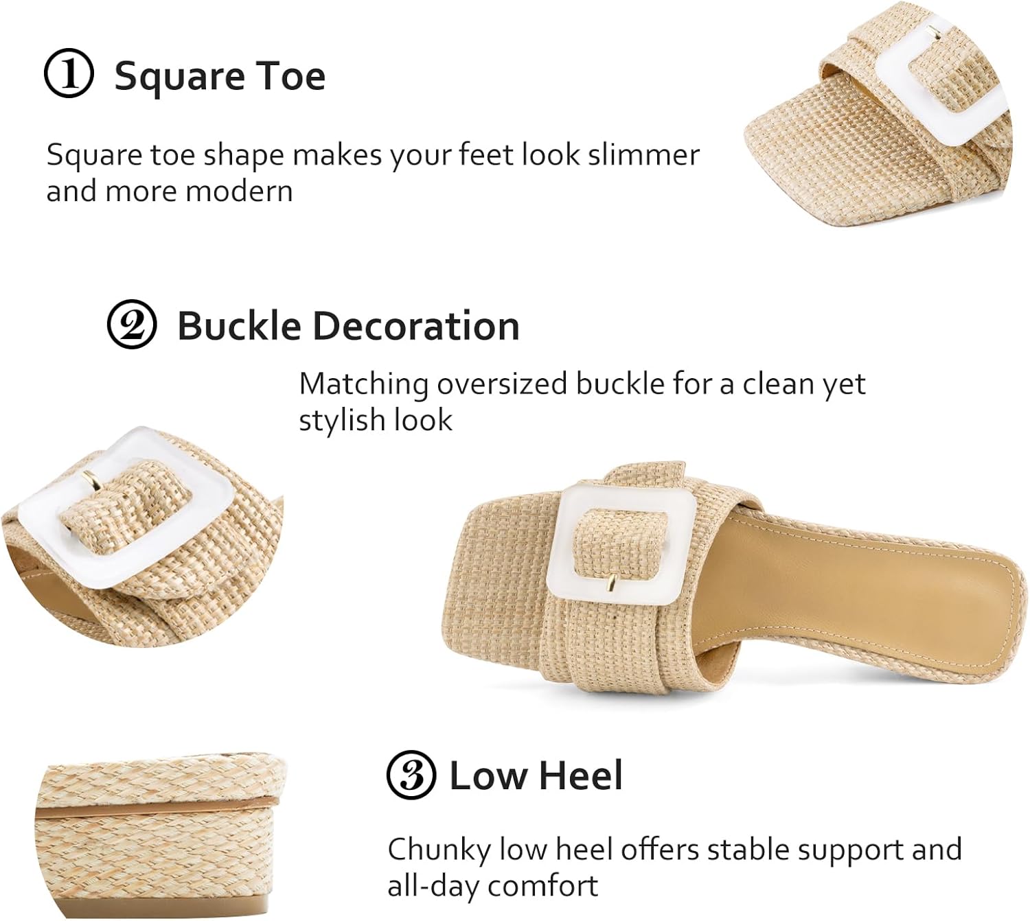 Women's Slide Heeled Sandals Opened Square Toe Chunky Block Heel Slippers with Buckle Slip on Casual Comfortable Pumps - Image 4