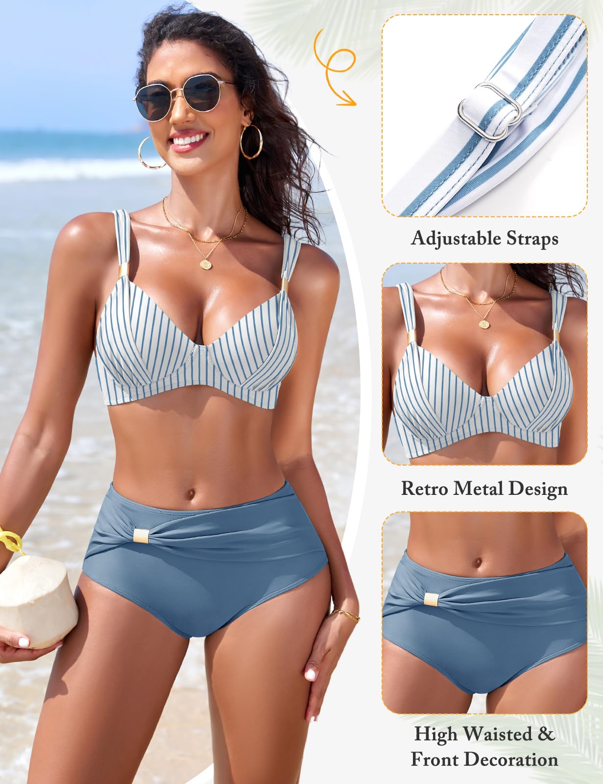 Nadeer Maillot De Bain Femme 2 Pieces Ensemble Bikini Col en V Slim Contrôle du Ventre Deux Pièces Élégant en Métal Doré Swimsuit Swimwear de Plage Été