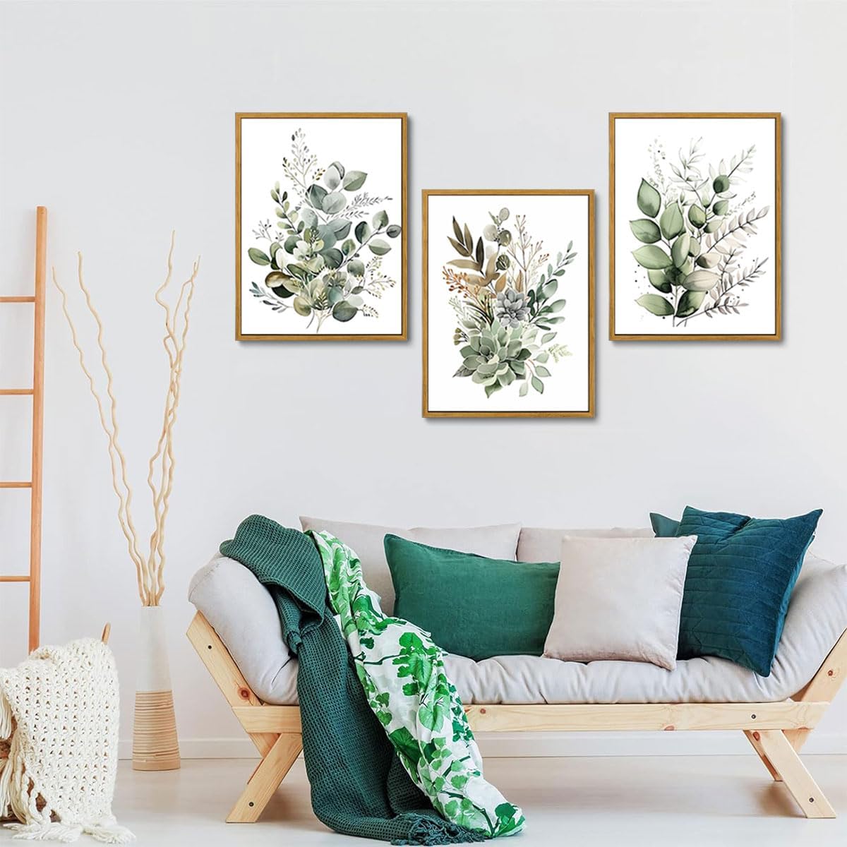 Bwodke Botanical Wall Art Plant Floral Watercolor Poster Canvas Prints Set of 3 Framed Sage Green Painting Eucalyptus Leaf Picture Modern Minimalist Home Decor Bedroom Bathroom Living Room 12"x16"