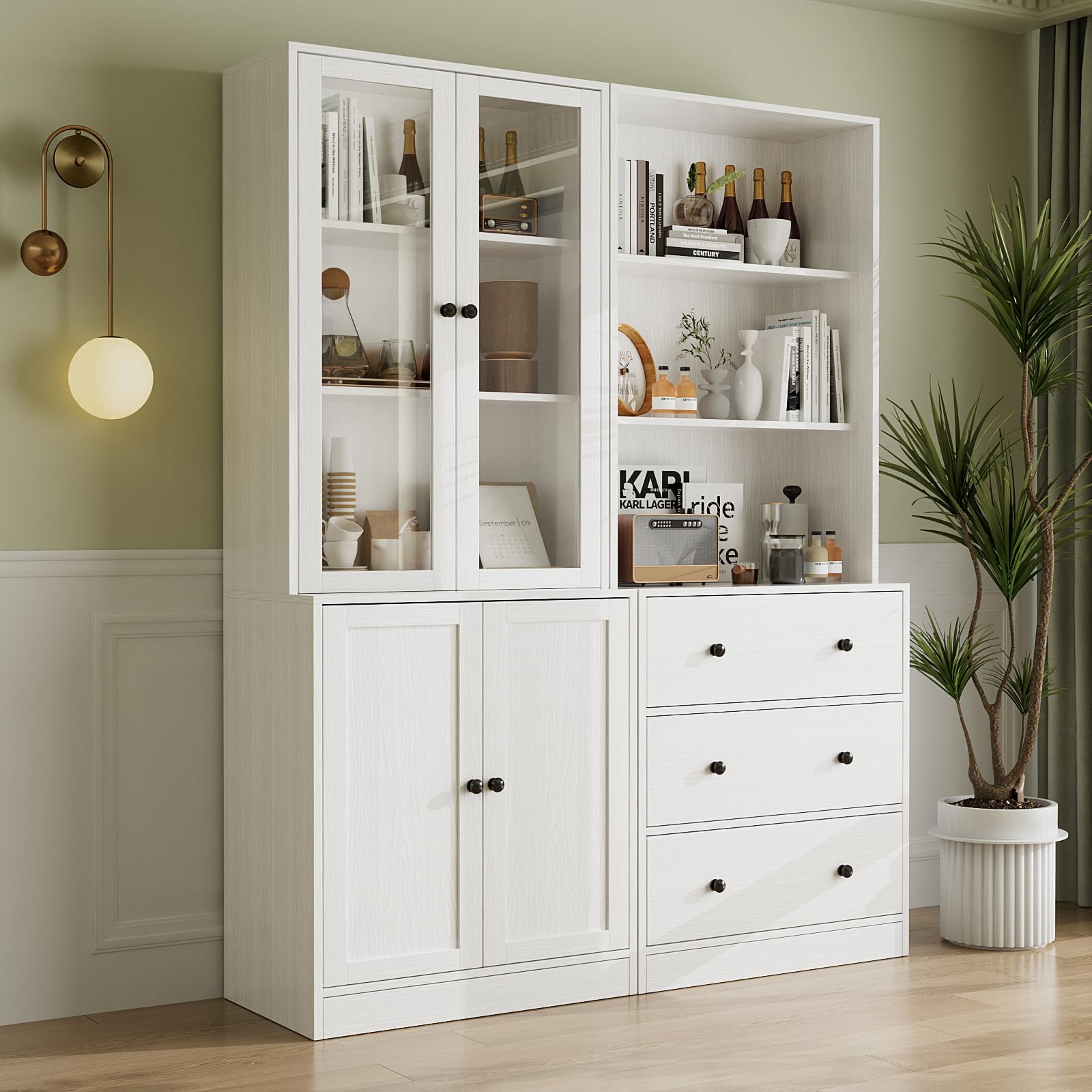VOWNER Estantería con Puertas, 180 cm Vitrina de Cristal, Librería de 6 Niveles con Puertas y Armario, Vitrina Salón, Aparador Comedor, Aparador Cocina, Estantería Oficina, A+B(Blanco)