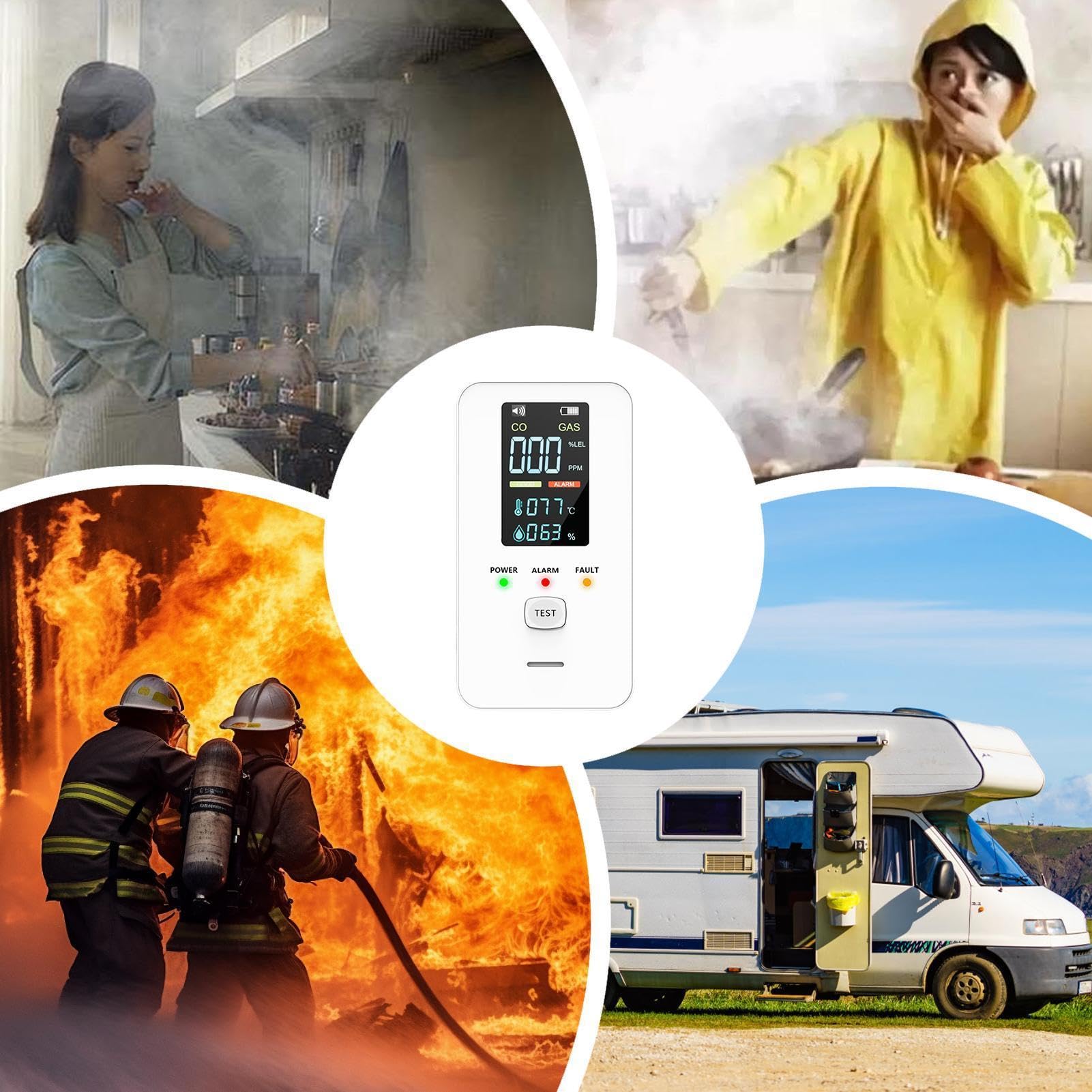 Moniteur numérique portable 4 en 1 avec détecteur de monoxyde de carbone | Détecteur de gaz naturel et CO Alarme pour salon, cuisine, chambre, hôtel, appartement, résidence