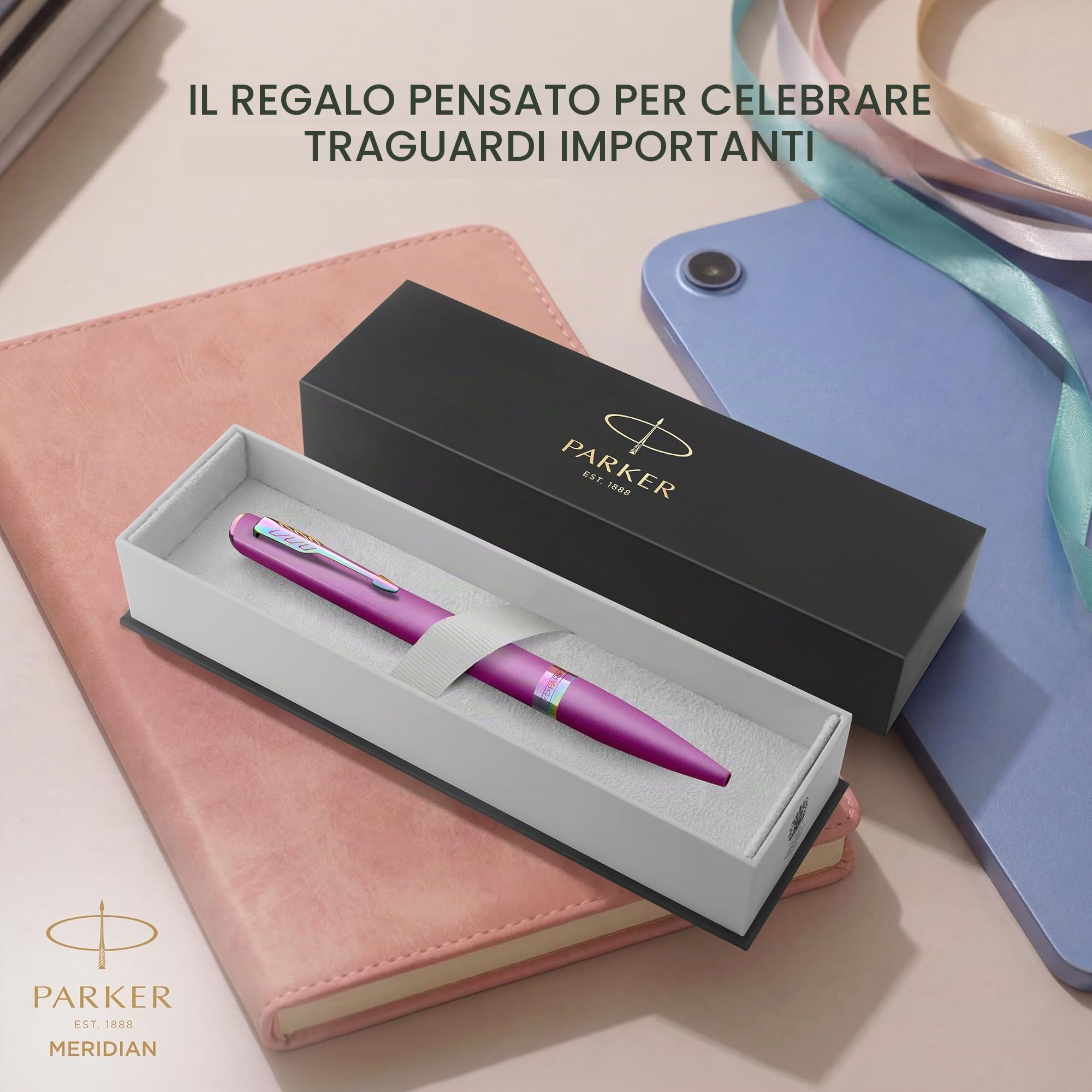 Parker Meridian Penna a sfera | Vernice d'uva con rifiniture arcobaleno | Punta media | Penna da scrittura e Materiali per Cancelleria | Inchiostro blu | Confezione regalo di lusso