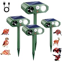 4 Pack Deer Repellent Devices,Ultrasonic Cat Repellent Outdoor Solar Animal Repeller for Squirrel Racoon Rabbit Fox Dog Skunk,Flashing Light IP65 Waterproof Motion Sensor Animal Deterrent for Garden