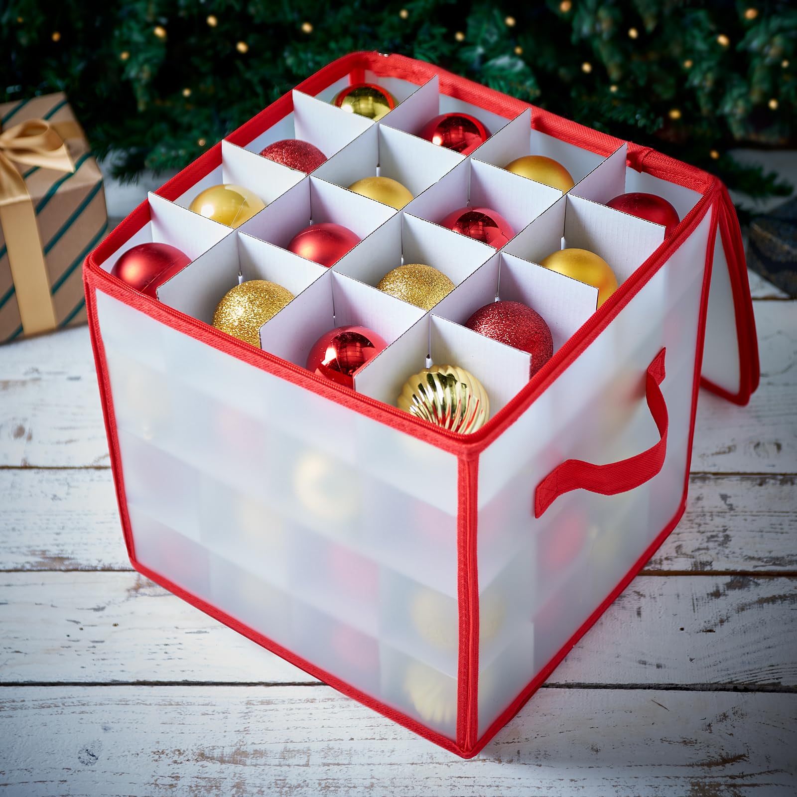 Home Treats Christmas Bauble Storage Box Plastic | Xmas Bauble Storage Box Large | Clear Box with Card Slot For Holiday Decoration Storage (64 Bauble Storage Box)