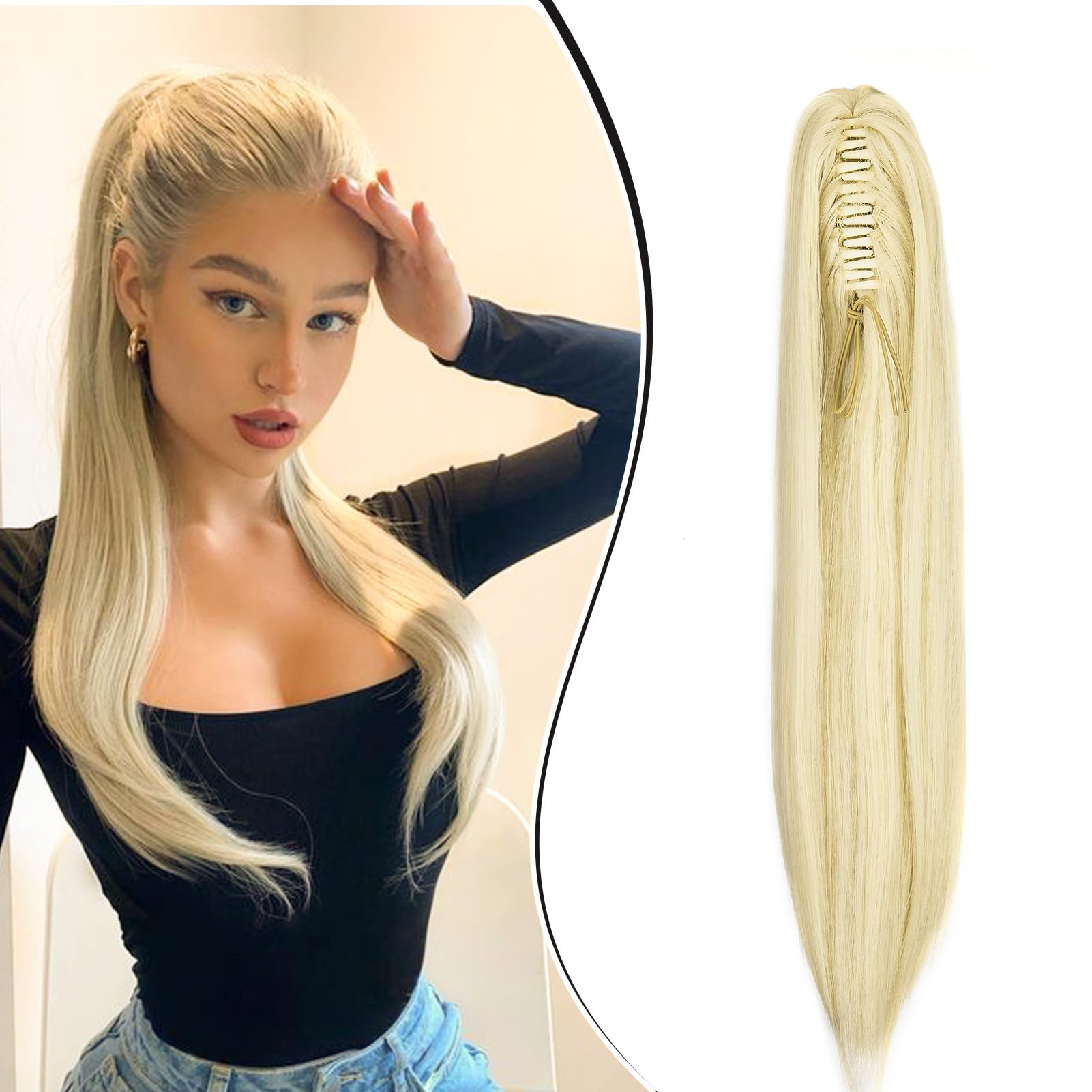 Dcbaboo Ponytail Extension Long Straight 20inch Claw Clip in Ponytail Hair Extensions Synthetic Pony tails Natural Wave One Piece Hairpiece Fake Ponytail for Women Bleach Blonde